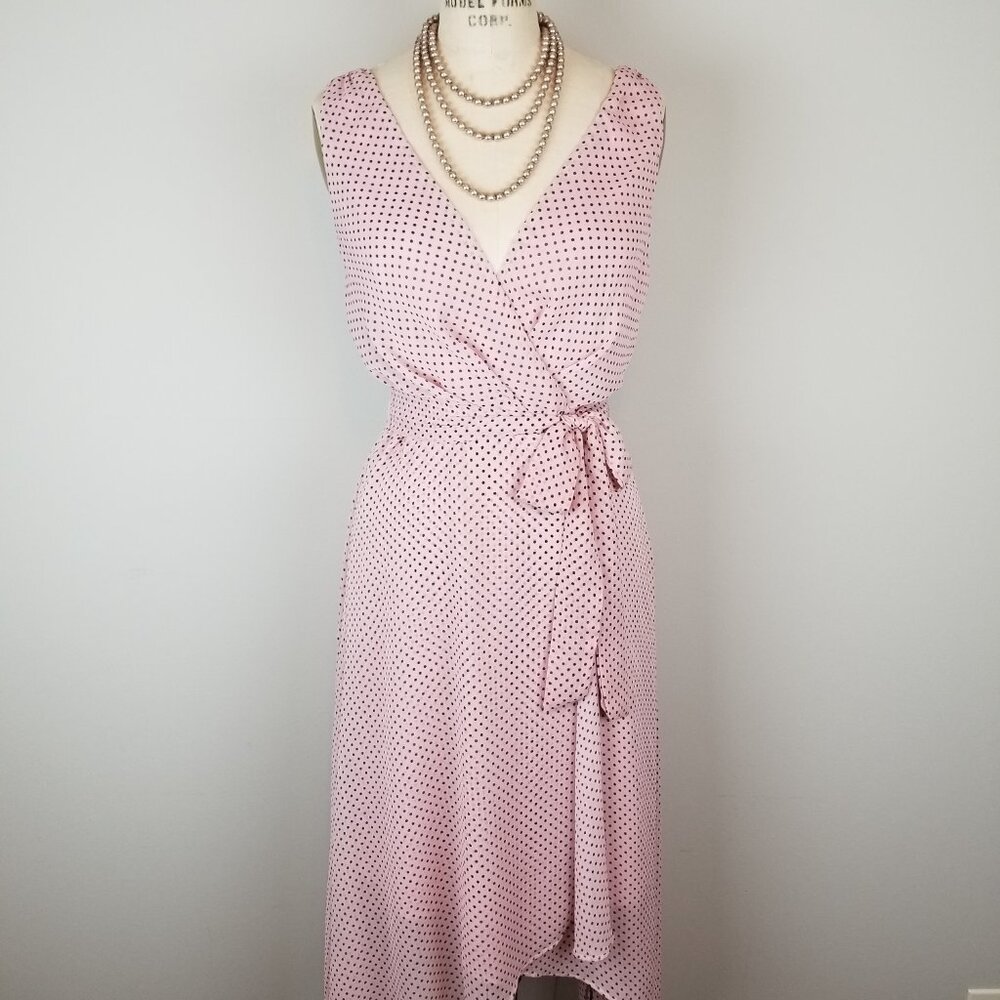 Lapis & Lillies Blush Pink & Black Dot Faux Wrap Chiffon Dress * Small * NEW Tag